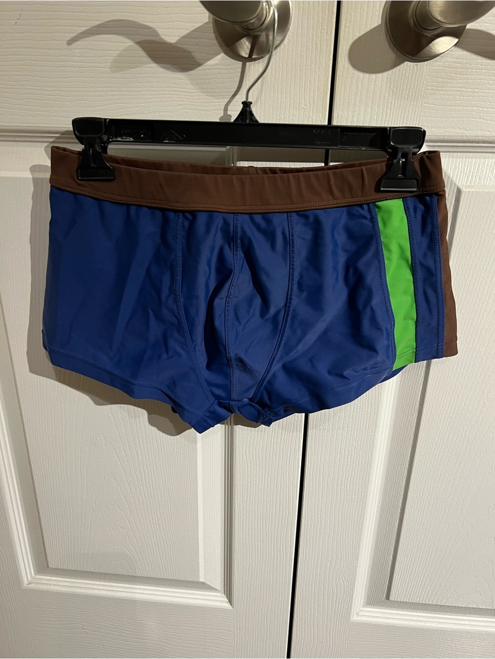 lei Blue Swim Trunks with Green Side Stripe and Brown Waistband